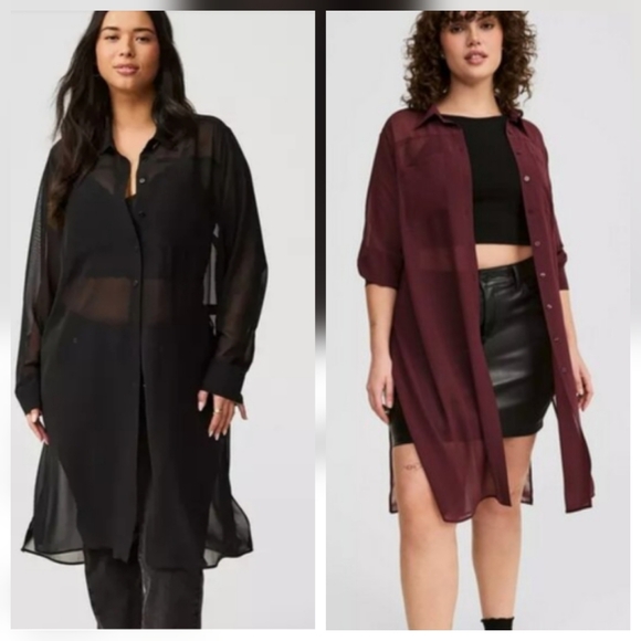 torrid Tops - Two New Torrid Chiffon ButtonUp Long Sleeved Tunics, Deep Black & Winetasting 2X